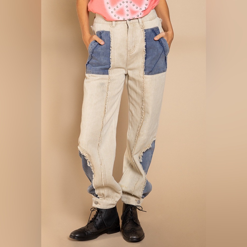 Pol Two-Tone Denim Patchwork Pants - image 1